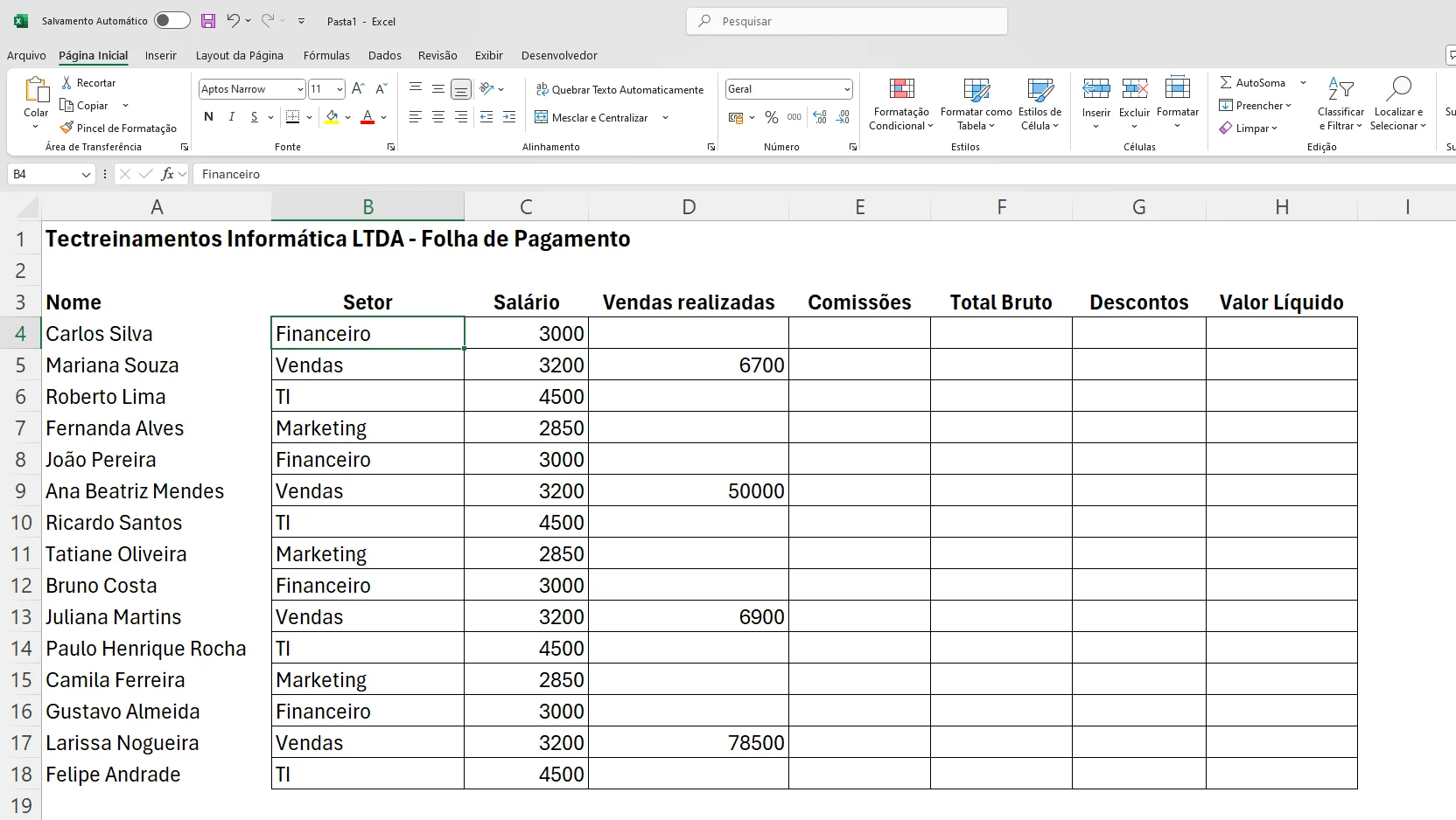 Exercício 1 de Excel